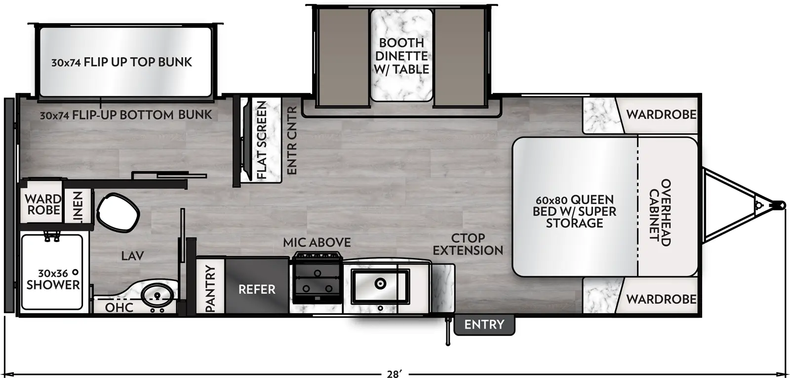 The Apex Ultra-Lite 241BHS has one entry and two slide outs. Exterior features include: fiberglass exterior. Interiors features include: bunk beds and front bedroom.